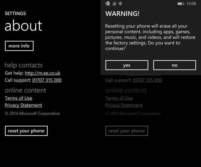 Подтверждение сброса телефона до заводских настроек.
