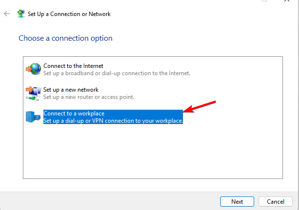 Выбор Connect to a workspace для VPN-подключения