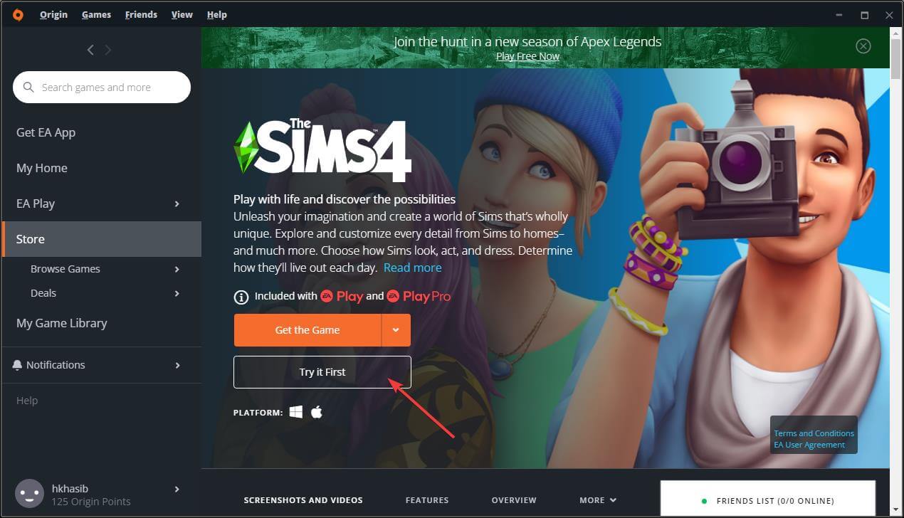 Кнопка Try first для The Sims 4
