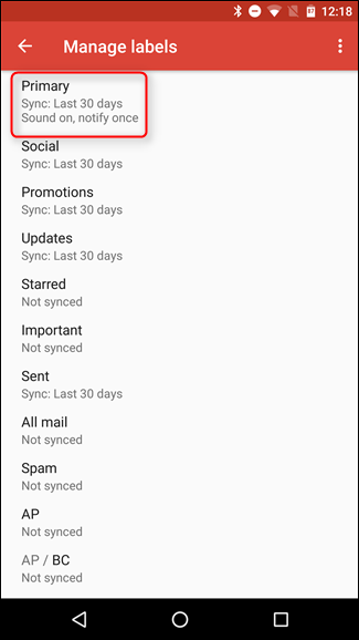 Скриншот: выбор синхронизации и уведомлений для Primary