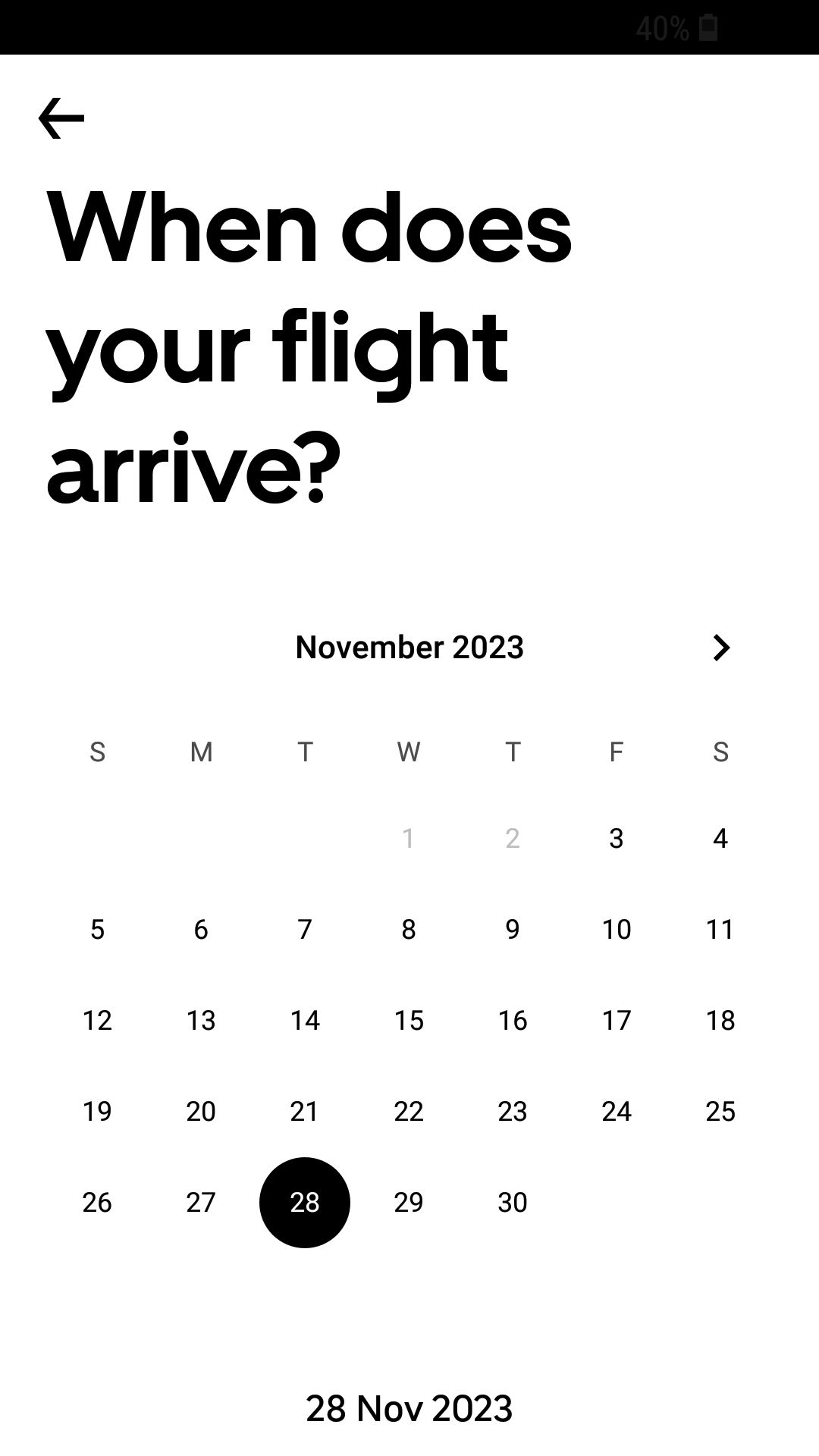 Экран ввода времени прилёта рейса в приложении Uber