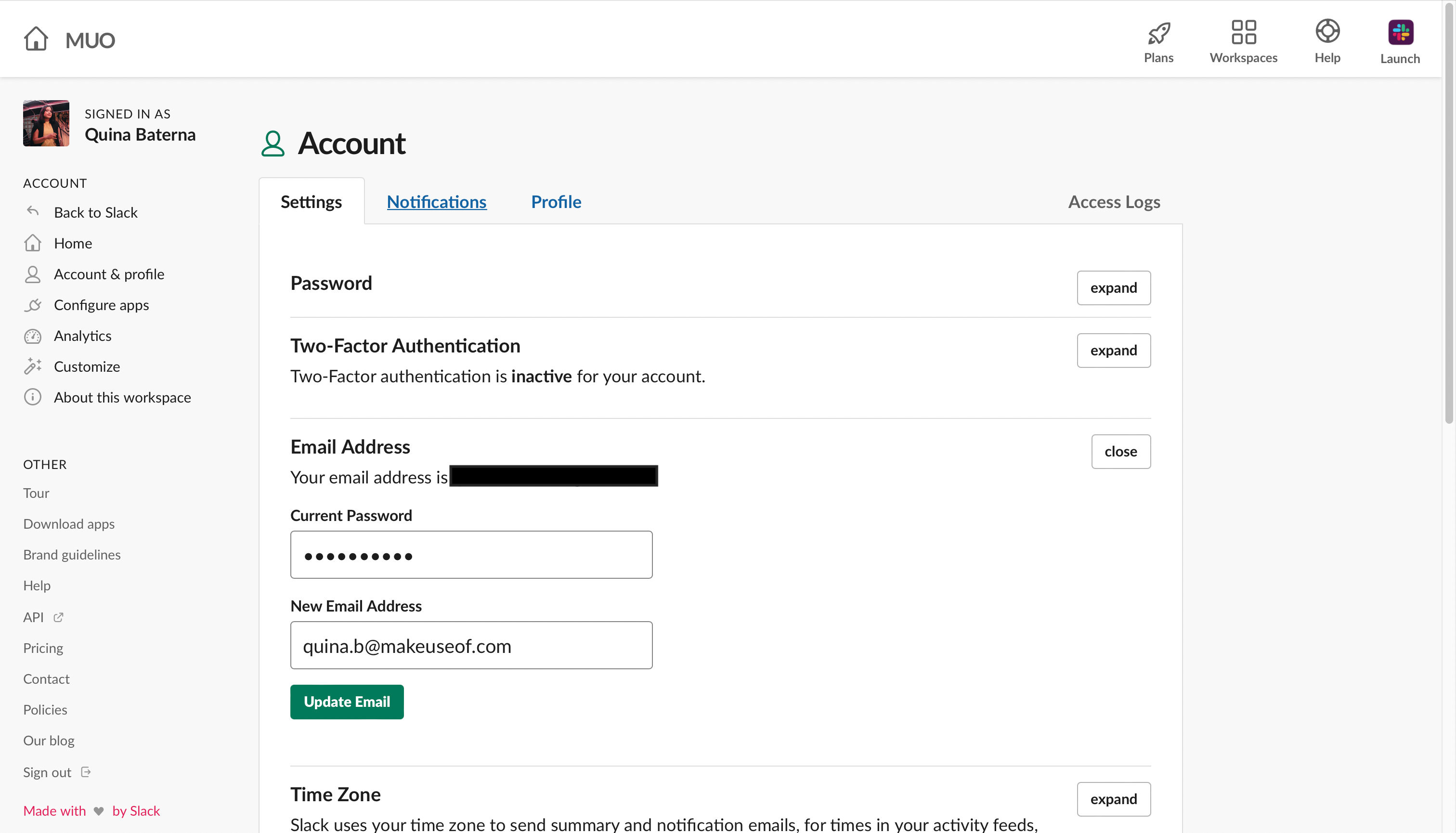 Страница «Мой аккаунт» Slack в браузере с полем адреса электронной почты