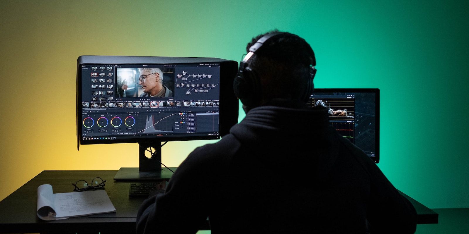 Человек редактирует видео на двух экранах