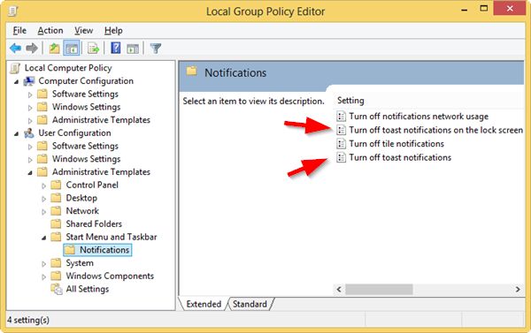 Éditeur de stratégie de groupe ciblant les paramètres de notifications