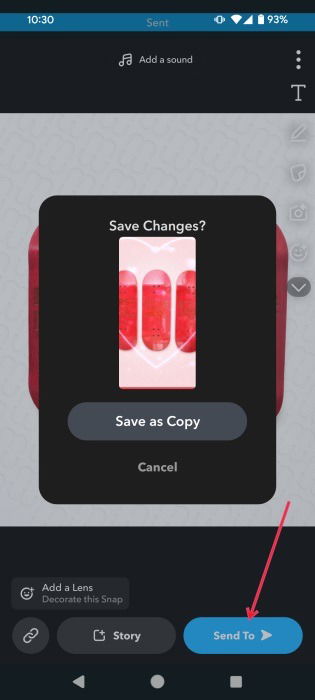 Кнопка Отправить в окне создания снапа в Snapchat