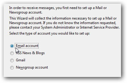 Выбор типа учётной записи: Электронная почта