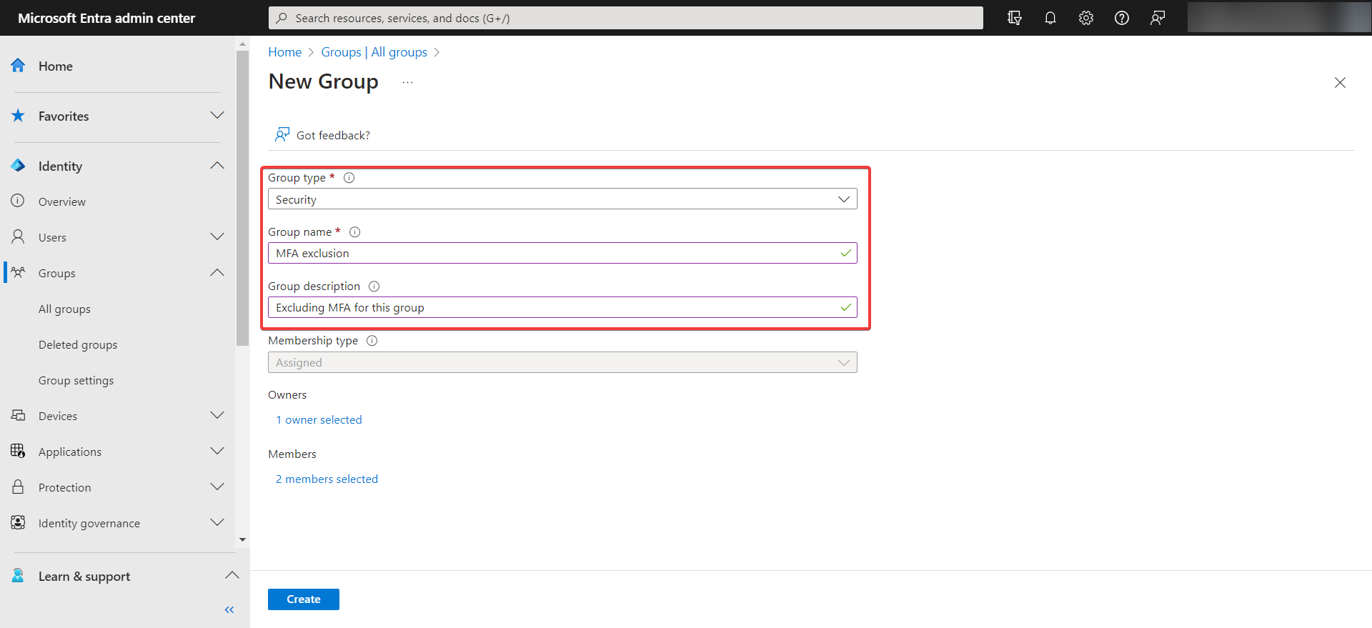Создание новой группы