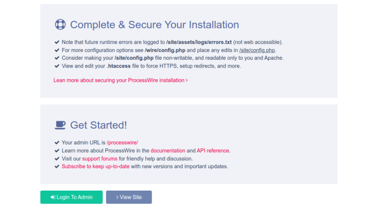Установка ProcessWire завершена