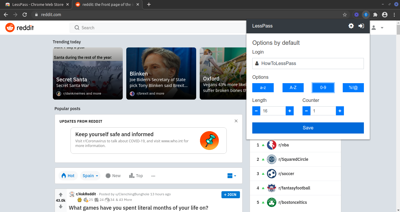 Настройки расширения LessPass