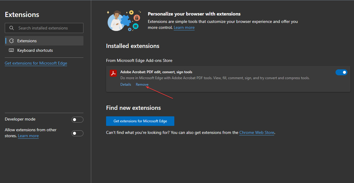 Кнопка Удалить расширение в Edge
