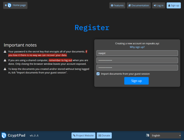 Страница регистрации Cryptpad