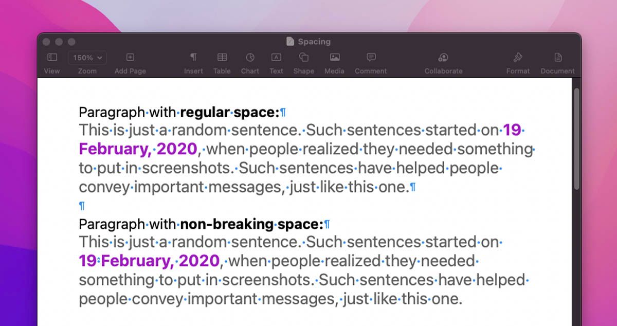 Сравнение обычного и неразрывного пробела в абзаце
