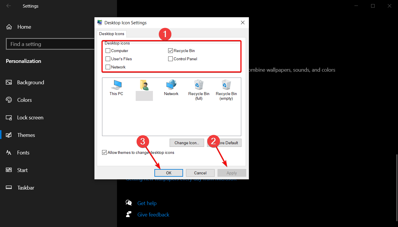 Выбор значков для рабочего стола и кнопки Применить/OK