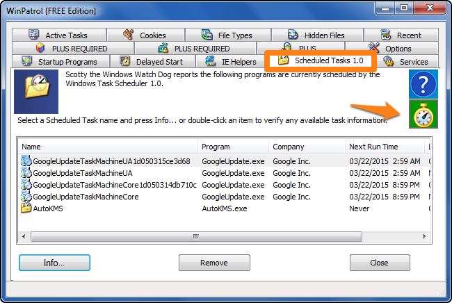 Вкладка Планировщик задач в WinPatrol