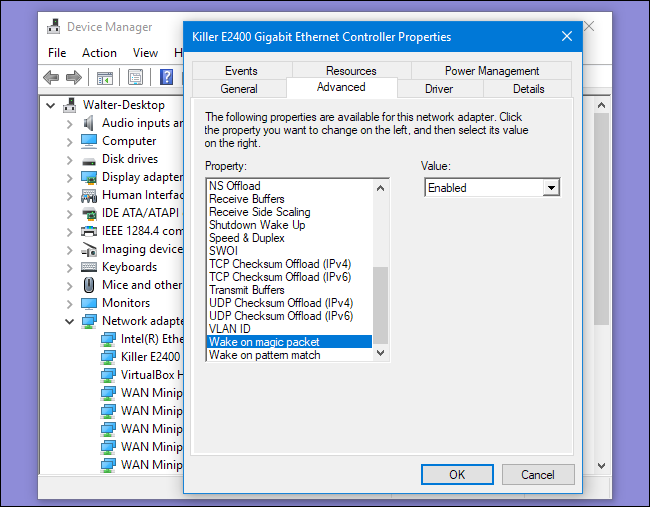 Параметры сетевого адаптера для Wake-on-LAN