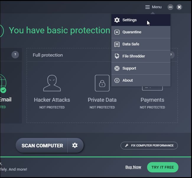 Скриншот: меню AVG и пункт Настройки