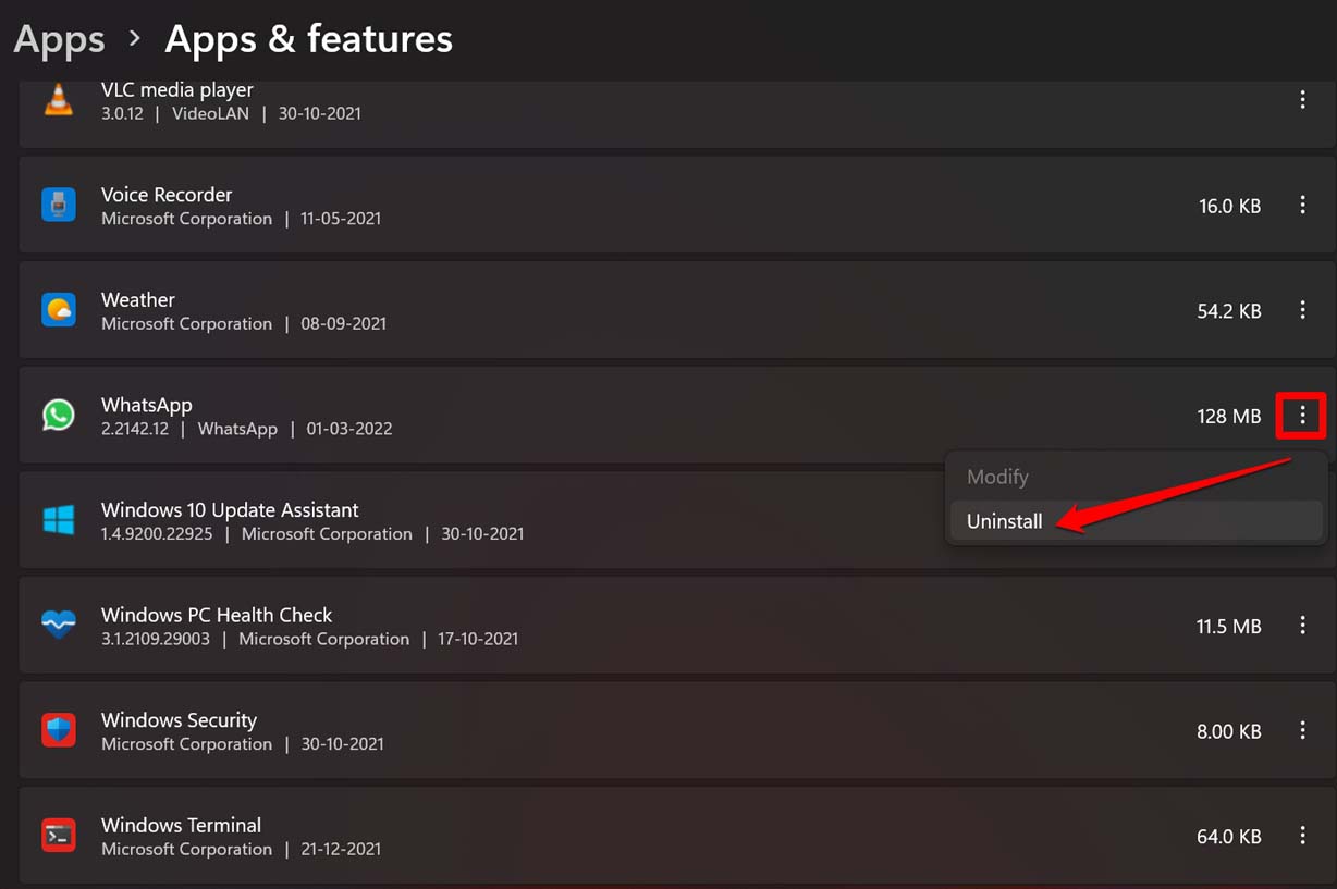 uninstall whatsapp from windows settings