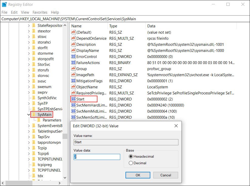 Изменение значения ключа Start в реестре для отключения SysMain