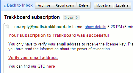 Trakkboardからの確認メールのリンクをクリックする画面