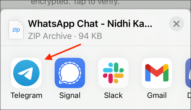Выберите Telegram в экране общего доступа на iPhone