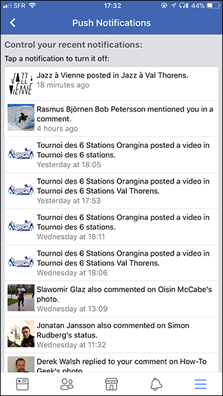 Отключение определённого типа уведомлений в приложении Facebook