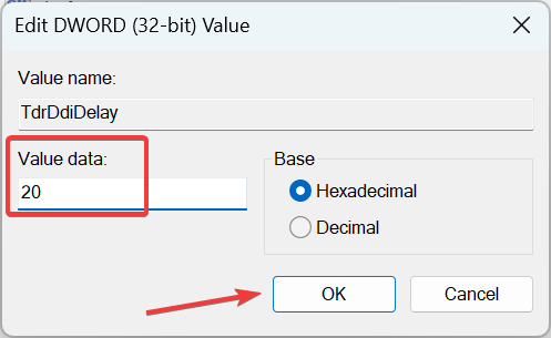 Скриншот: установка значения TdrDdiDelay в 20