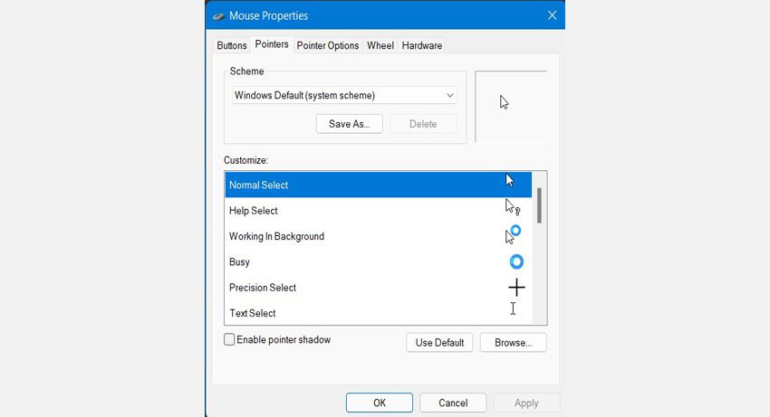 Свойства мыши в Панели управления