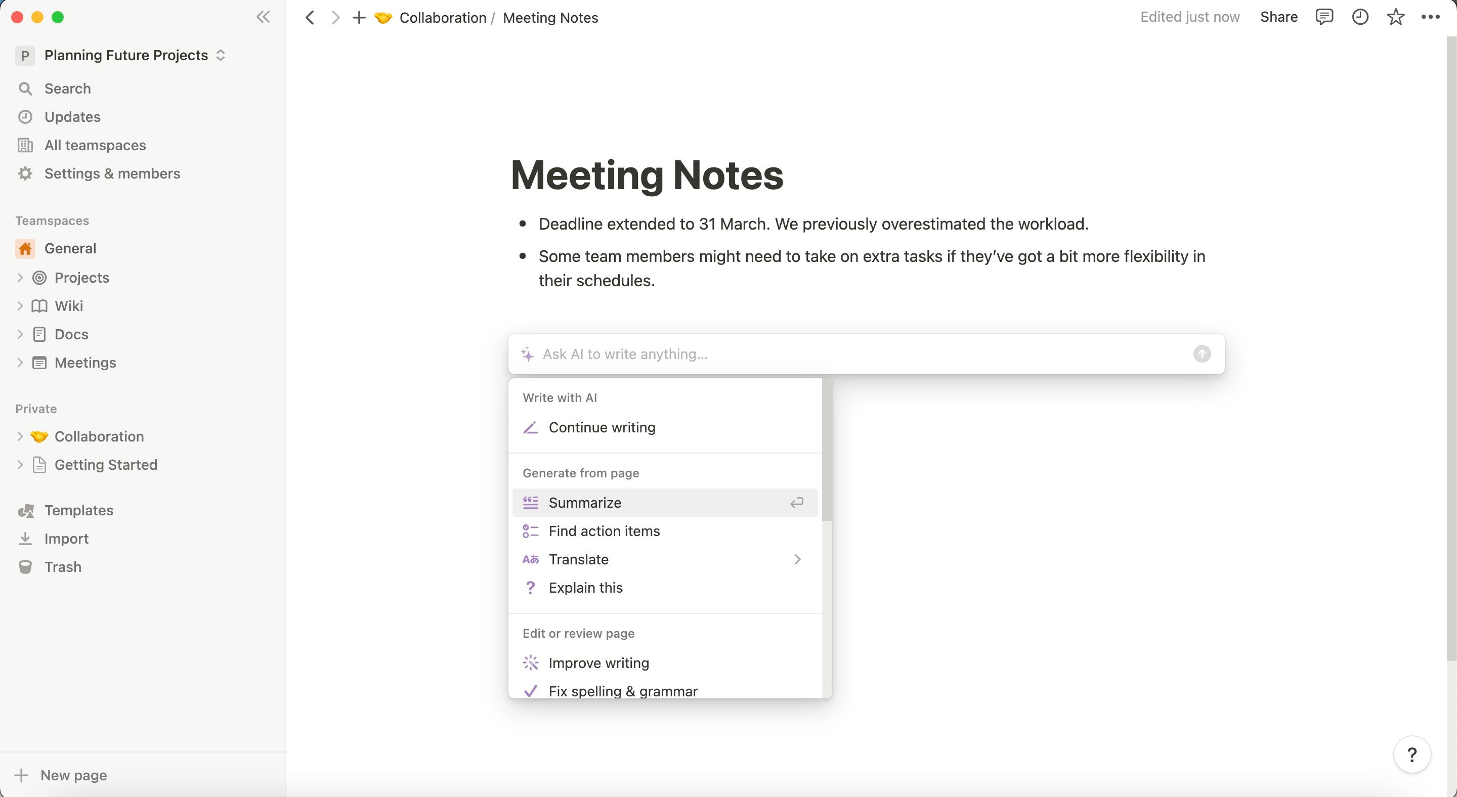 Notion AI формирует сводку встречи