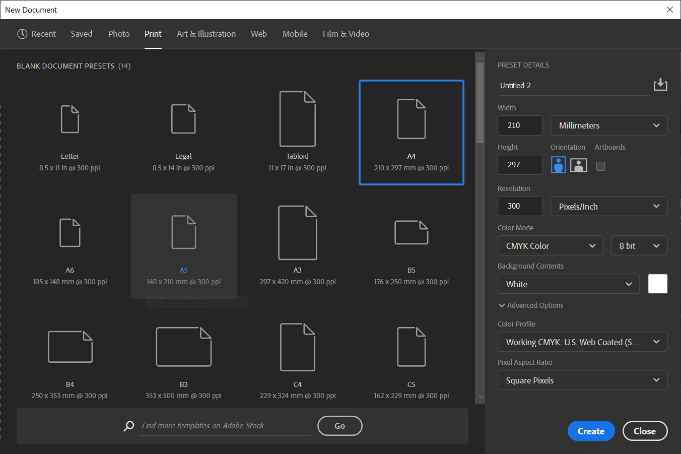 Экран Photoshop с выбором нового проекта
