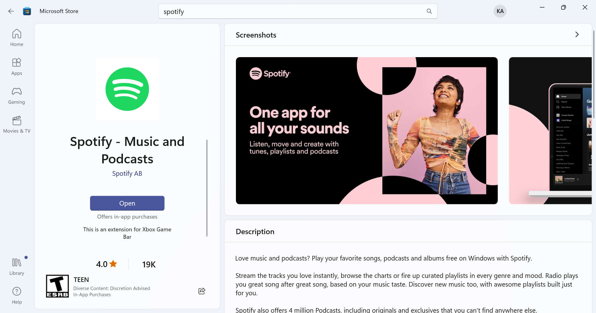 Загрузка Spotify из Магазина Microsoft