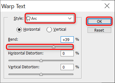 Пример созданного изогнутого текста на холсте Photoshop.