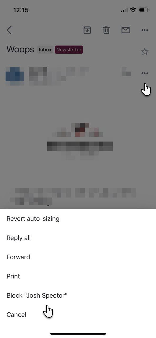 Разблокировка контактов в мобильном приложении Gmail: кнопка Разблокировать