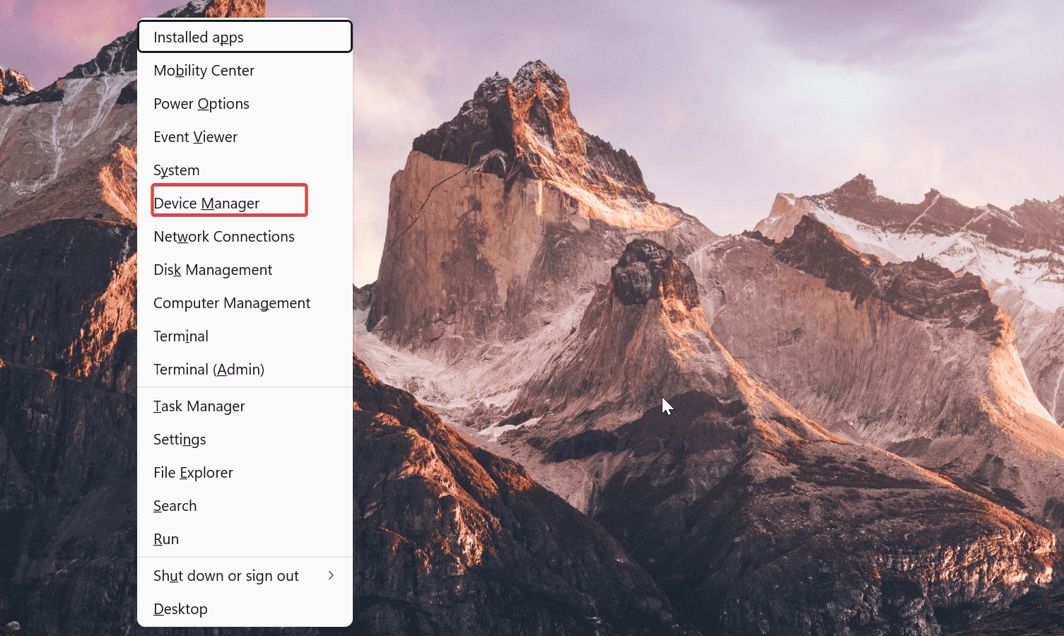 Выбор Диспетчера устройств в меню Пуск