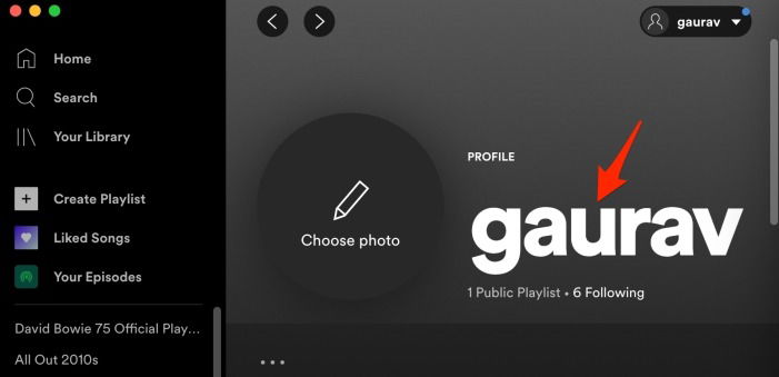 Окно редактирования имени профиля Spotify на рабочем столе