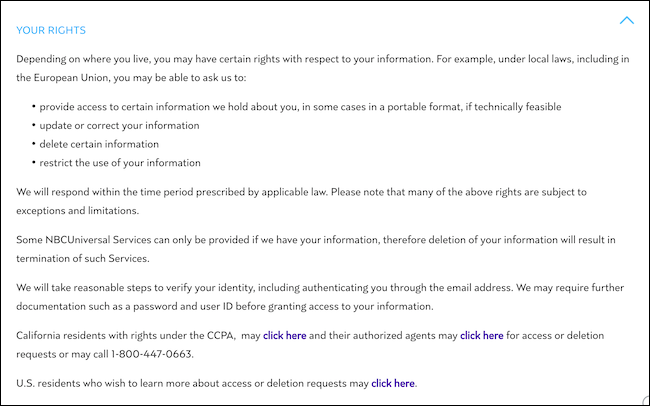 Страница конфиденциальности Peacock