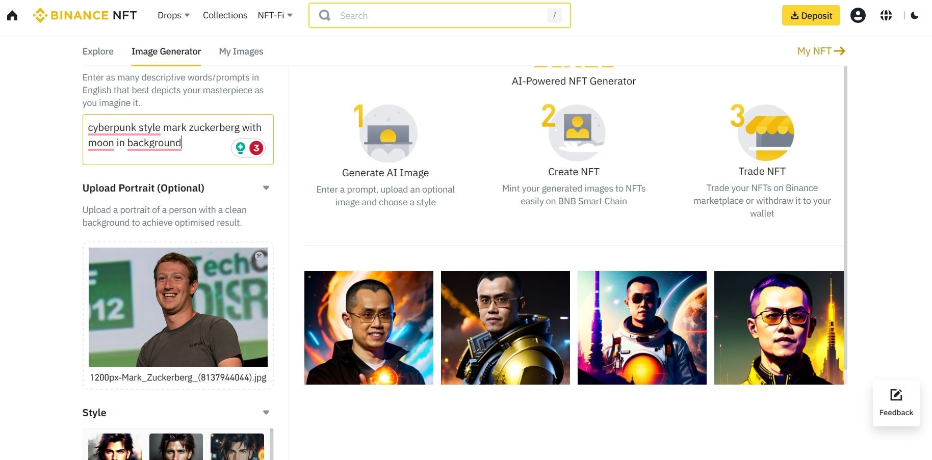 Скриншот загрузки изображения и текстового запроса в Bixel (пример с Марком Цукербергом)