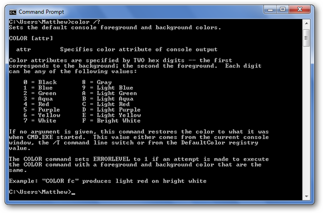 Вывод помощи color /? в Командной строке