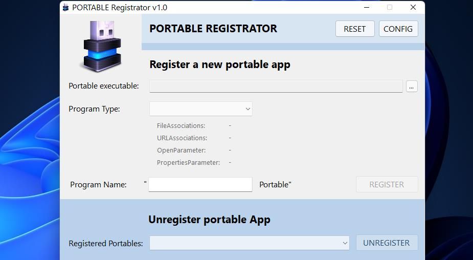 Интерфейс Portable Registrator с выбором исполняемого файла