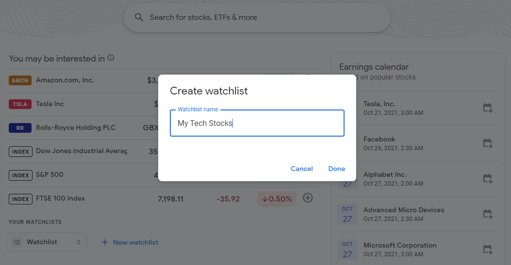 Экран Google Finance: введите имя списка отслеживания
