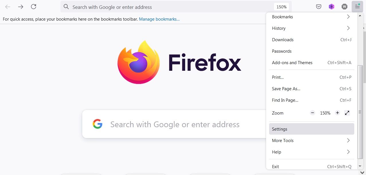 Меню приложения Firefox с пунктом 
