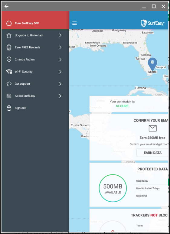Меню приложения с переключателем отключения VPN