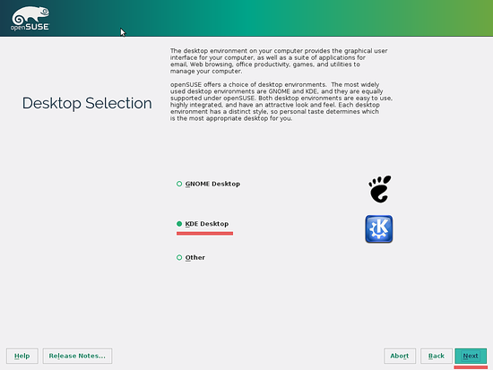 Выбор KDE как рабочего окружения для OpenSUSE Leap 42.1