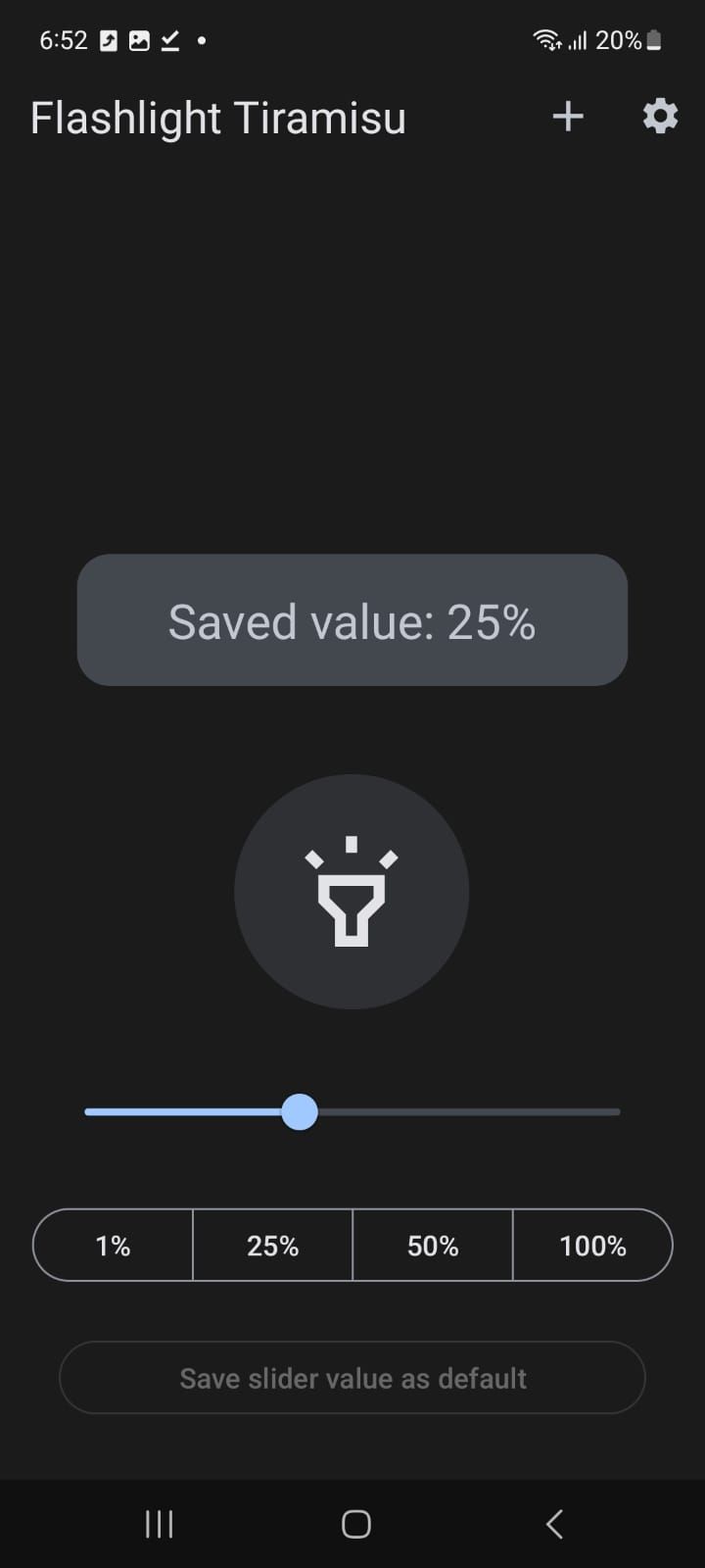 Главный экран Flashlight Tiramisu с ползунком яркости