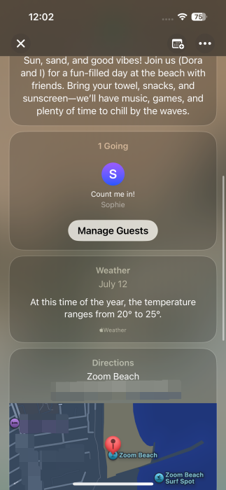 Просмотр гостя на странице события в приложении Invites на iPhone.
