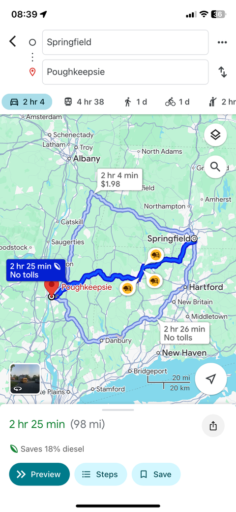 Google Maps показывает самый экономный дизельный маршрут между Springfield MA и Poughkeepsie NY