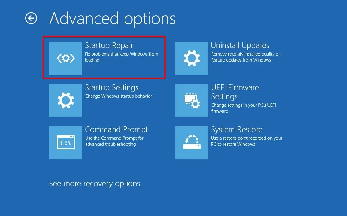 Экран дополнительных параметров — пункт 'Восстановление при загрузке'