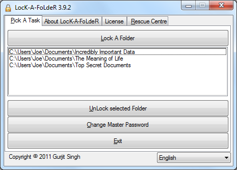 Пример интерфейса программы для запирания папки