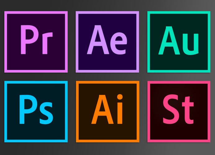 Loghi Adobe su sfondo scuro — pacchetto di applicazioni Adobe