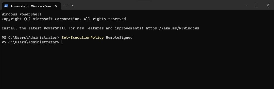 Окно PowerShell с установкой RemoteSigned