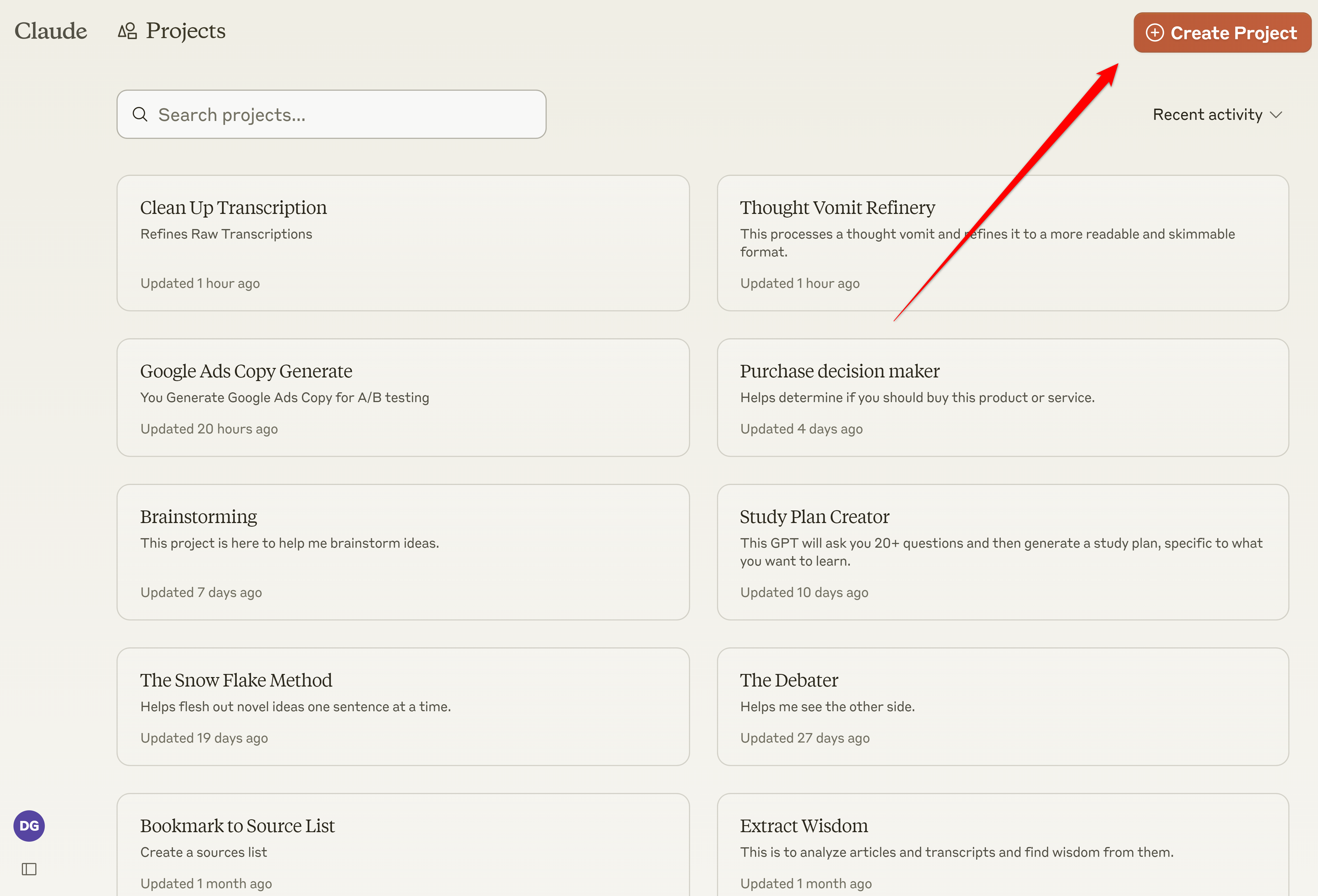 Панель управления проектами Claude